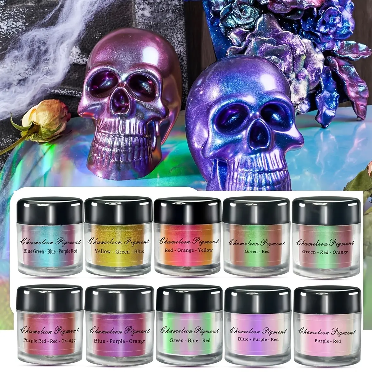 10-Color Chameleon Mica Powder Set, Duochrome Iridescent Holographic Metallic Glitter, Non-Toxic, Easy Blend, Ideal for Resin Tumblers