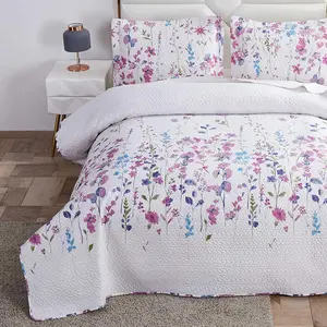 Lightweight Thin Floral King Size,Purple Blue Lilac Flowers Green Leaves Botanical Bedspread Coverlet Set Breathable Bed Cover with King Pillow Shams,Patterns