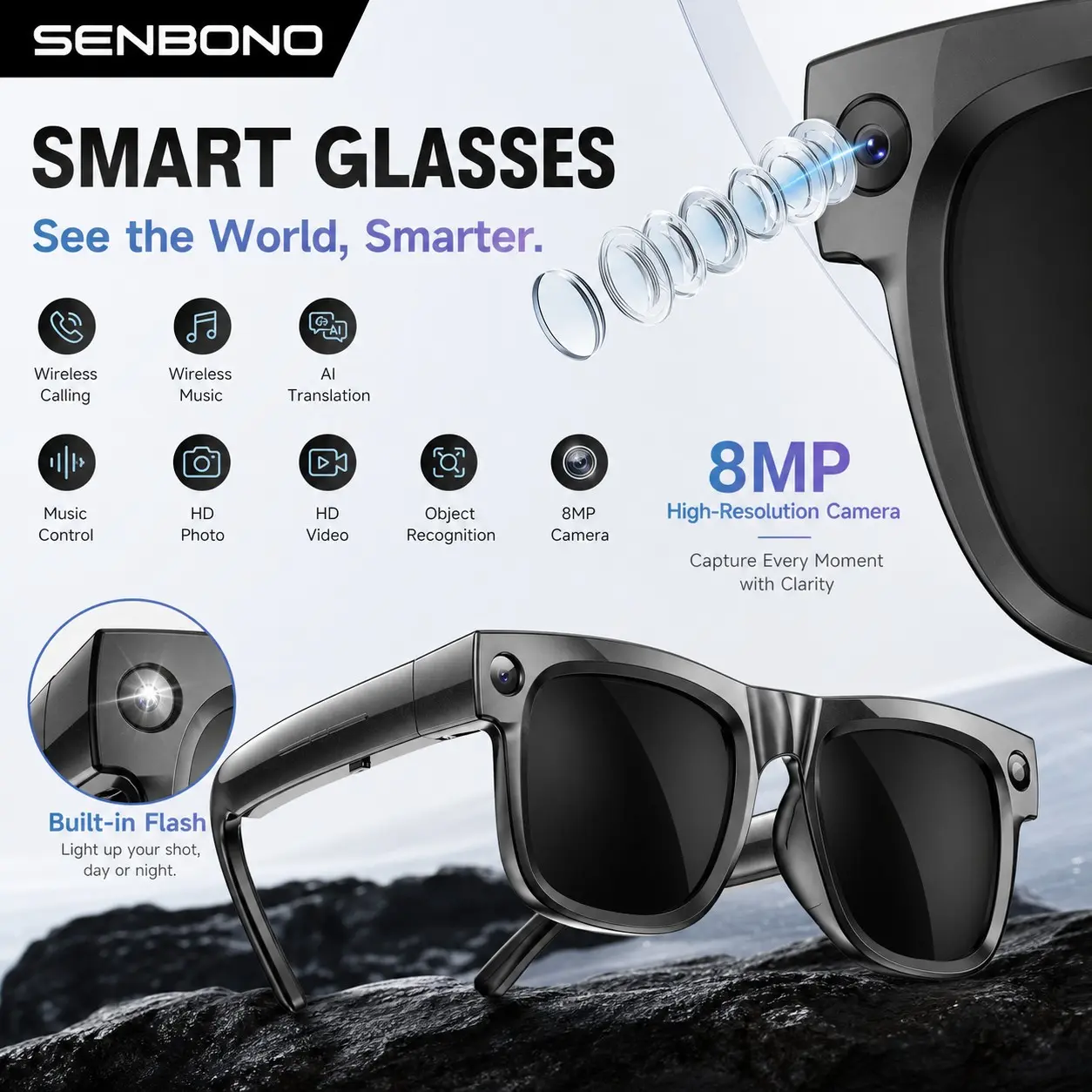 SENBONO Bluetooth-compatible Smart Glasses, Dual Speakers & Microphones, Phone Calls & Music Control, Touch Controls, Android/iOS Compatible, Camera Function