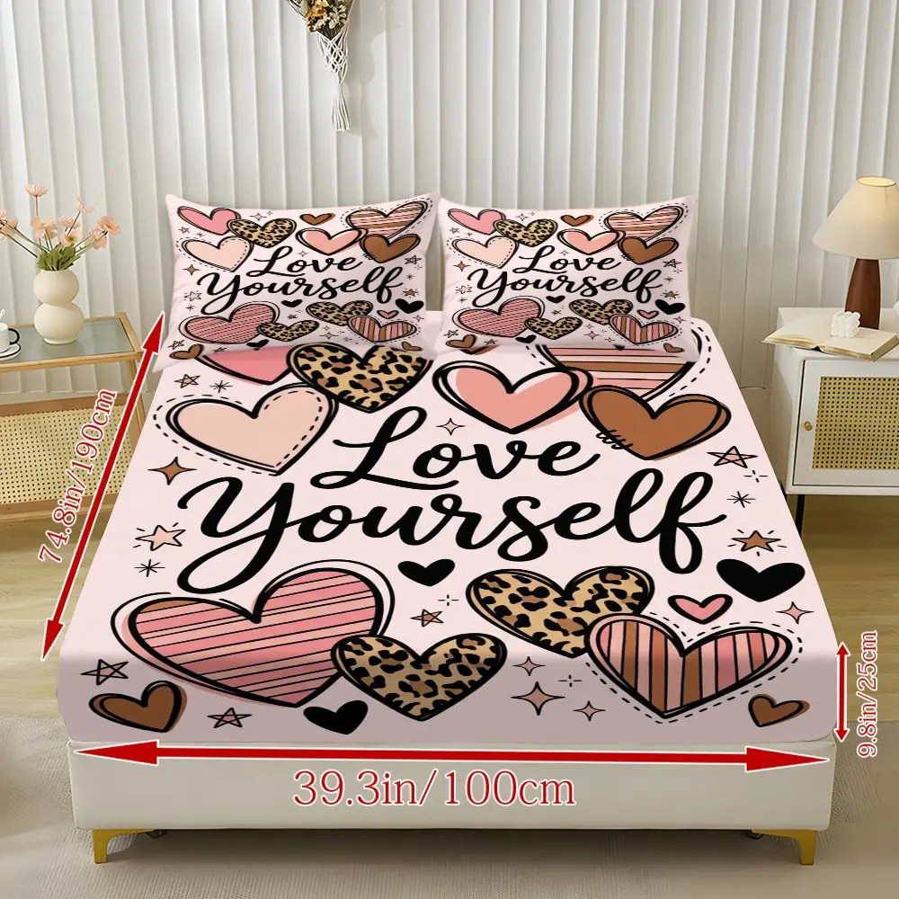 Romantic Floral Heart Print Bed Sheet Set, Printed Bedding Set, Couples Bedroom Decor, Soft Breathable Mattress Protector, Includes Pillowcases