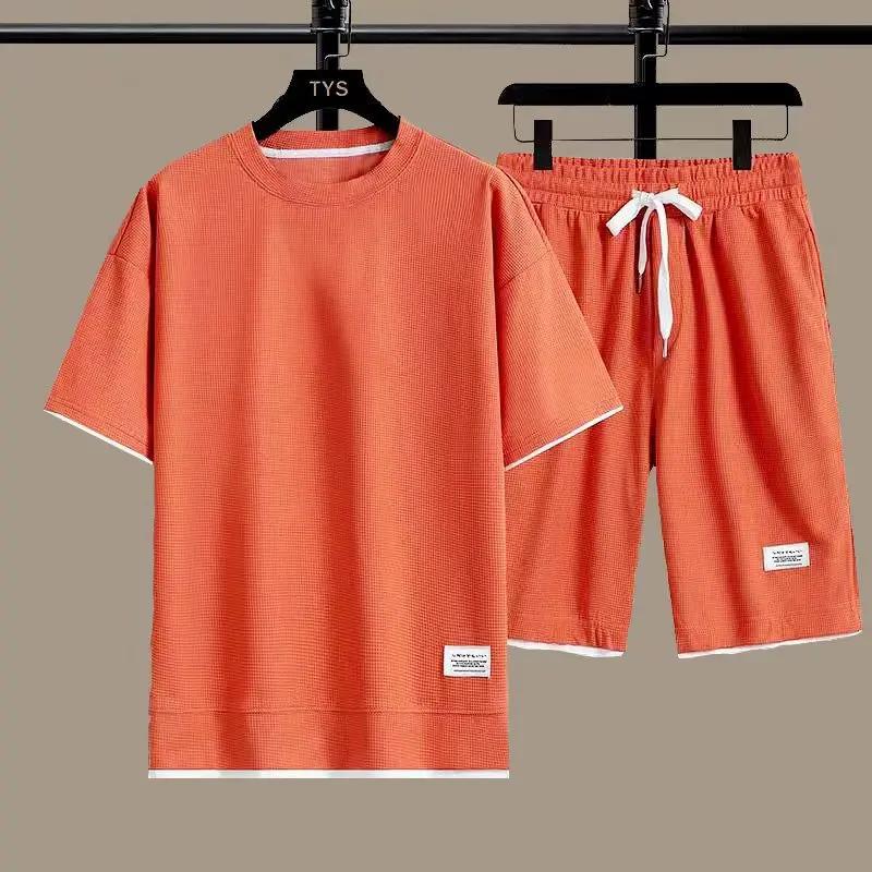 Kyn Apparel 2026 New Summer Men's Fashion Fashion Fashion Brand Casual Sports Set Round Neck Loose Short sleeved Shorts Waffle Two Piece Set