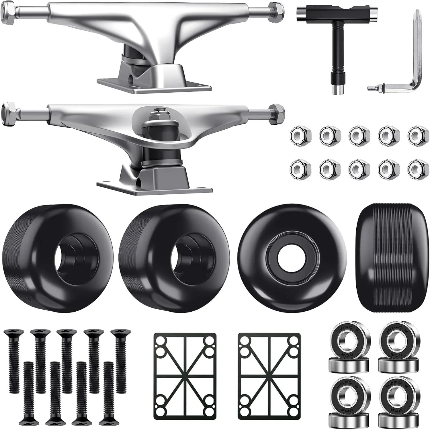 Skateboard Trucks, Fits 7.75-8" Deck, Skateboard Wheels 52mm, Skateboard Bearings ABEC-9, Skateboard Pads, Skateboard Hardware Tool Combo Starter Set