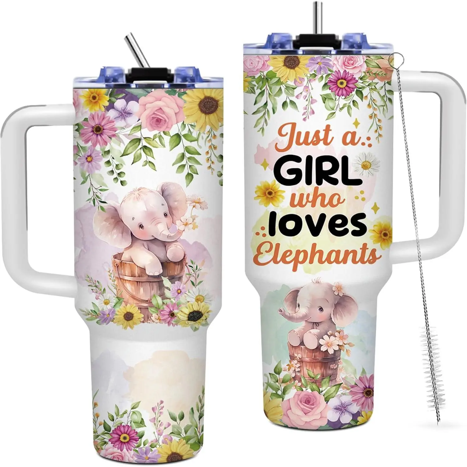 40oz Stainless Steel Insulated Elephant Tumbler - Vacuum Flask Coffee Mug with Handle, Leakproof Lid, Straw, Printed Design - Portable Kitchenware Drinkware Gift for Elephant-Loving Women (Christmas, Birthday)