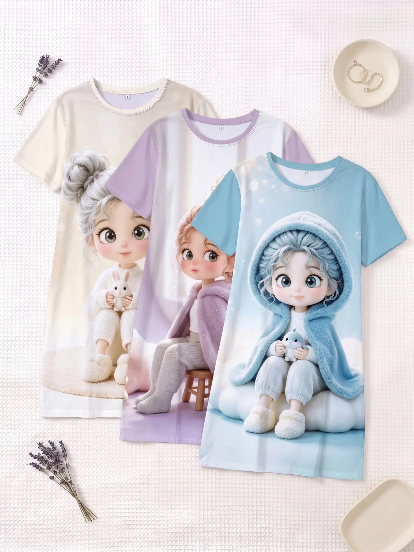 3-Piece Set Cute Doll Print Nightgowns, Short Sleeve Round Neck Women's Pajamas, Loose-Fit Home Wear for Spring Summer Fall Loungewear