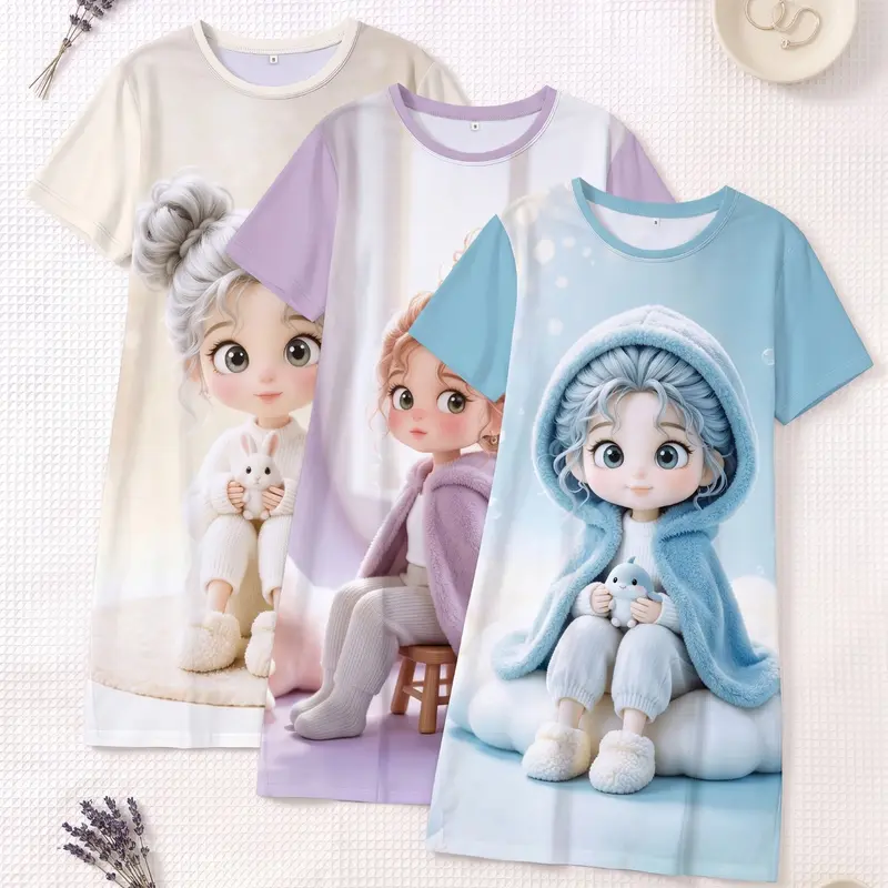 3-Piece Set Cute Doll Print Nightgowns, Short Sleeve Round Neck Women's Pajamas, Loose-Fit Home Wear Nightwear for Spring Summer Fall
