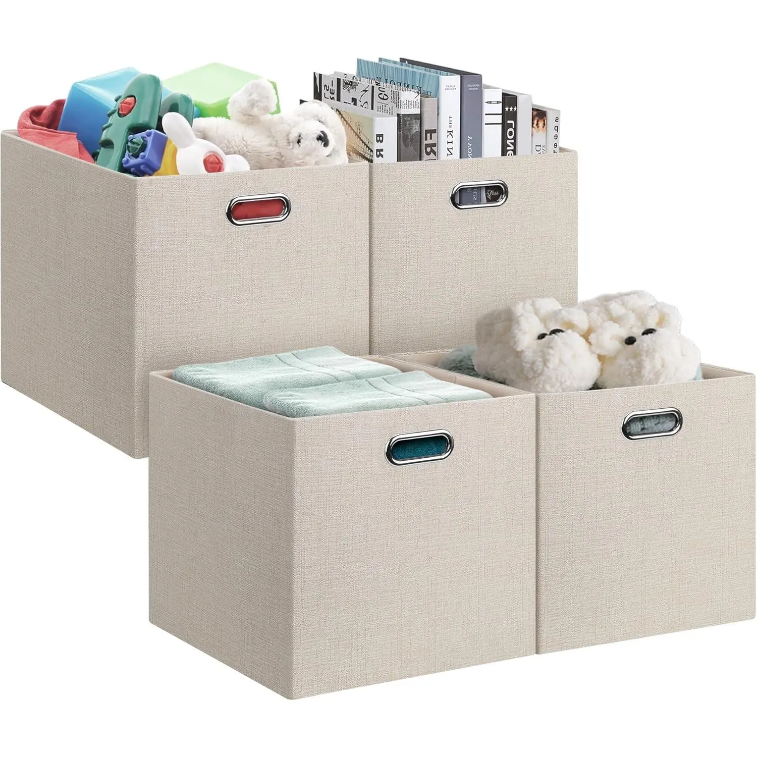 Posprica 13x15x13in Collapsible Fabric Storage Bins 4 Pack Beige, Foldable Cube Storage Boxes Decorative Organizer Baskets for IKEA Kallax, Shelves, Closet, Clothes