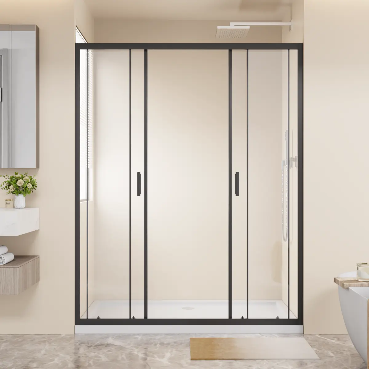 60"x72" 4-Panel Center Opening Double Sliding Shower Door – Framed Enclosure with 1/4" Tempered Glass, Rust-Resistant Aluminum Frame, Stainless Steel Handles & Smooth Double Rollers, Black