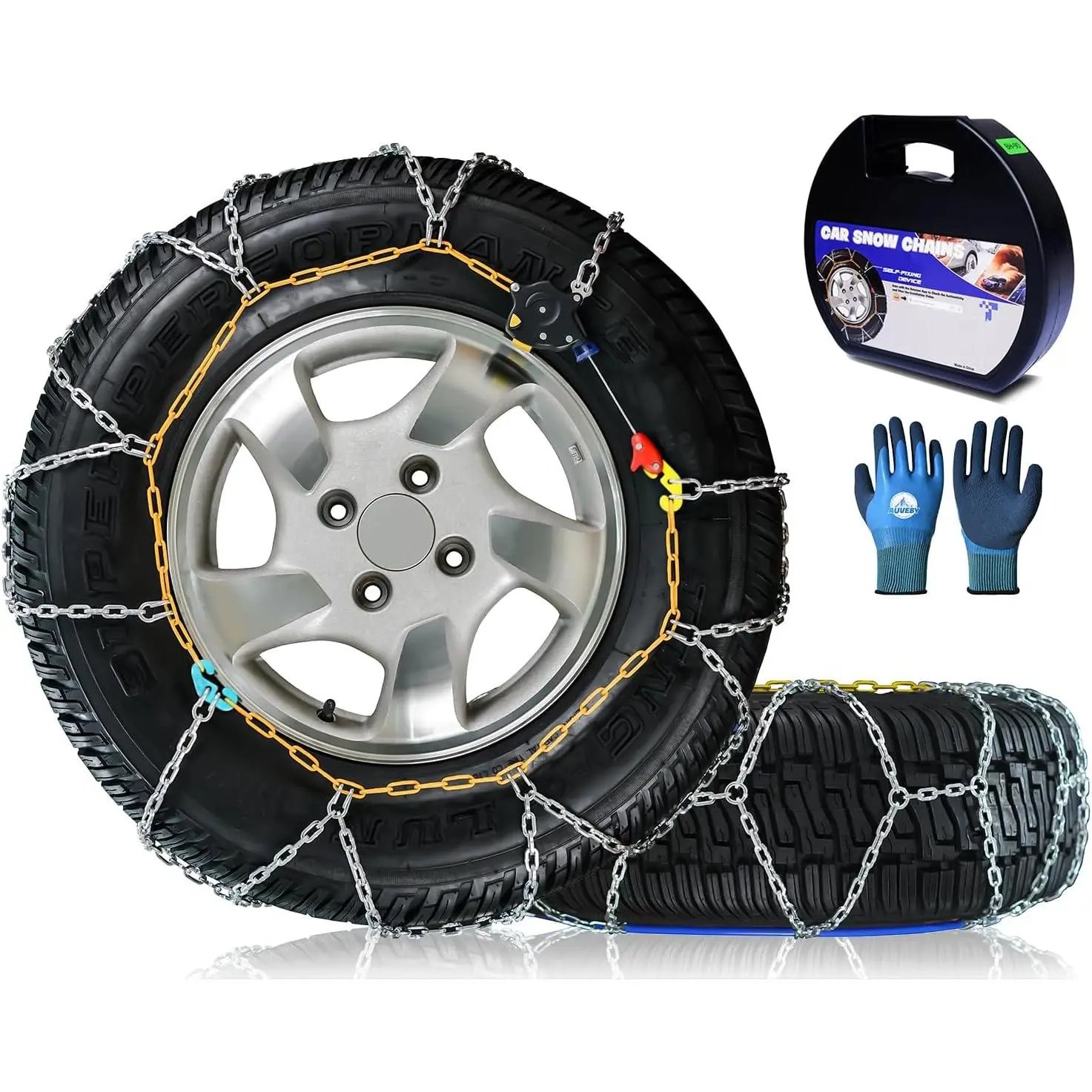 Snow-Chains Auto Fixing 1 Min Quick Fit Easy Installation Tire-Chains, Portable    Tire Traction Chain for Passenger , Pickup  and SUV - Set of 2 (HKN-70)