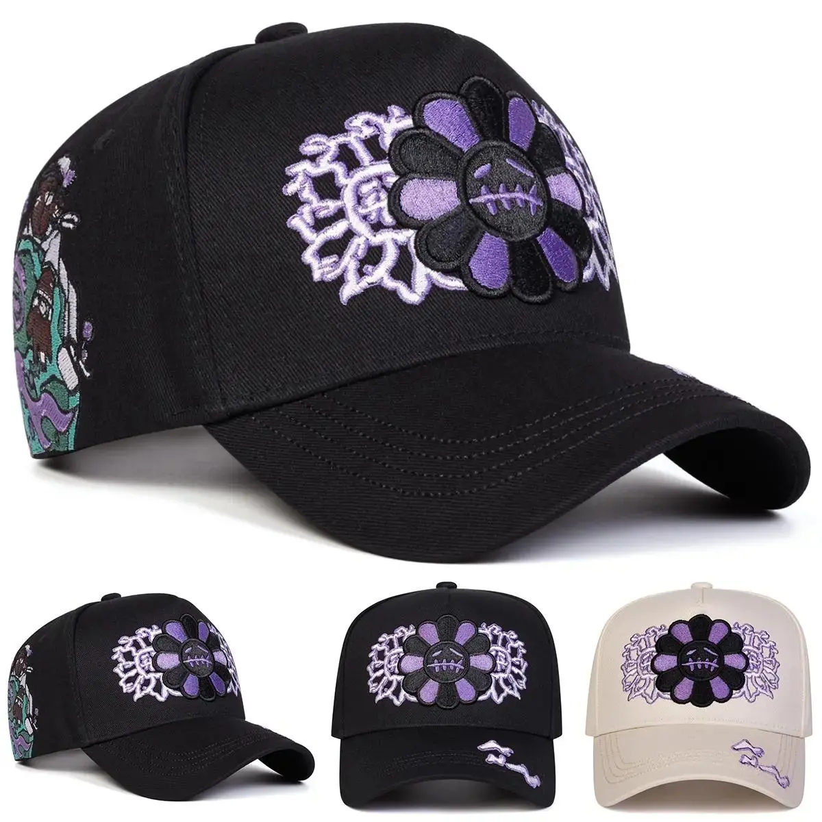Unisex Cartoon Flower & Astronaut Earth Embroidered Baseball Cap Outdoor Adjustable Sunscreen Leisure Hat Spring Autumn Travel Tourism Beach Vacation