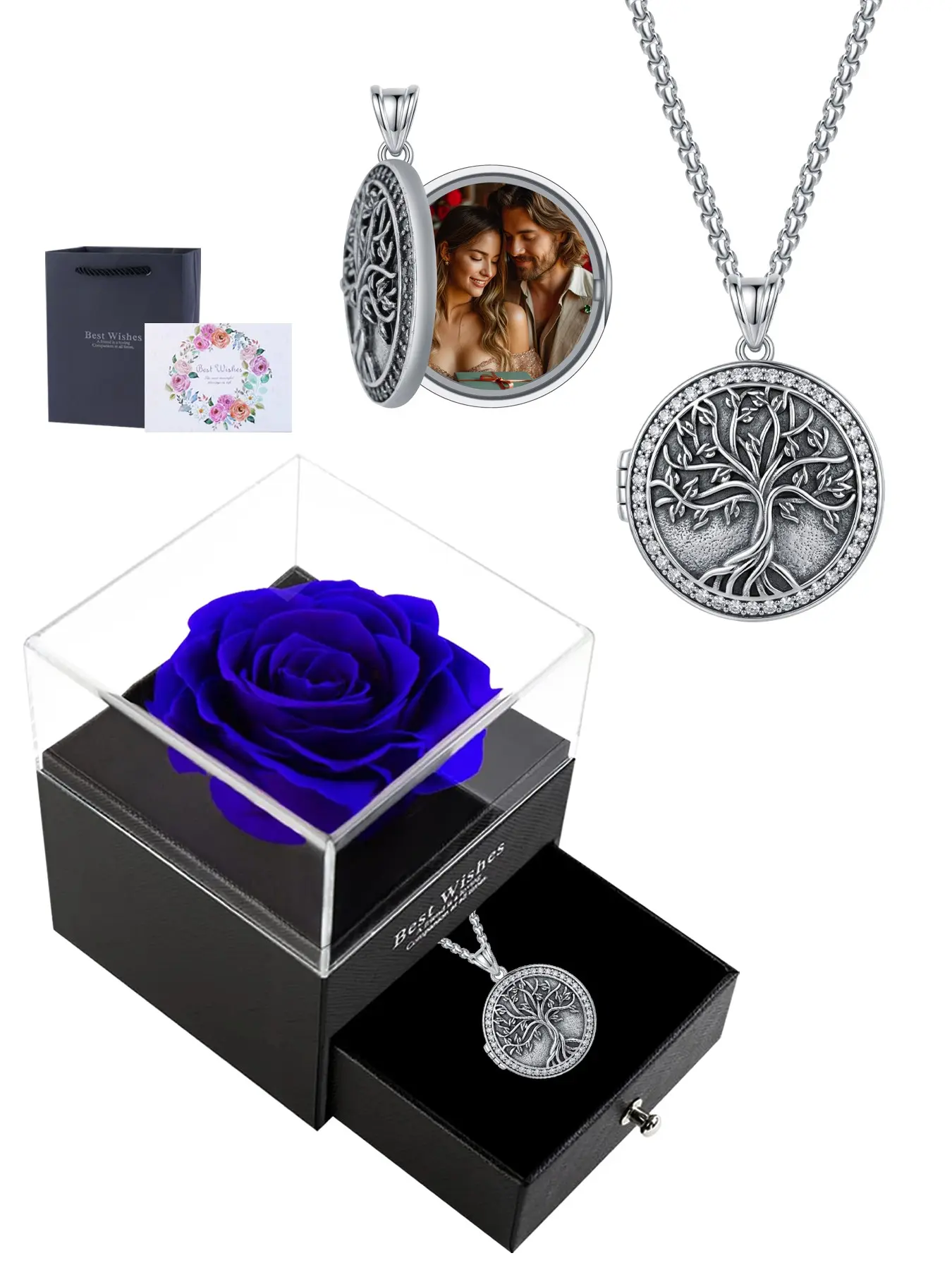 Women's Photo Necklace, Life Tree Box Pendant, Family Memorial Jewelry, Gift for Girlfriend Mother Couple, Includes Gift Box