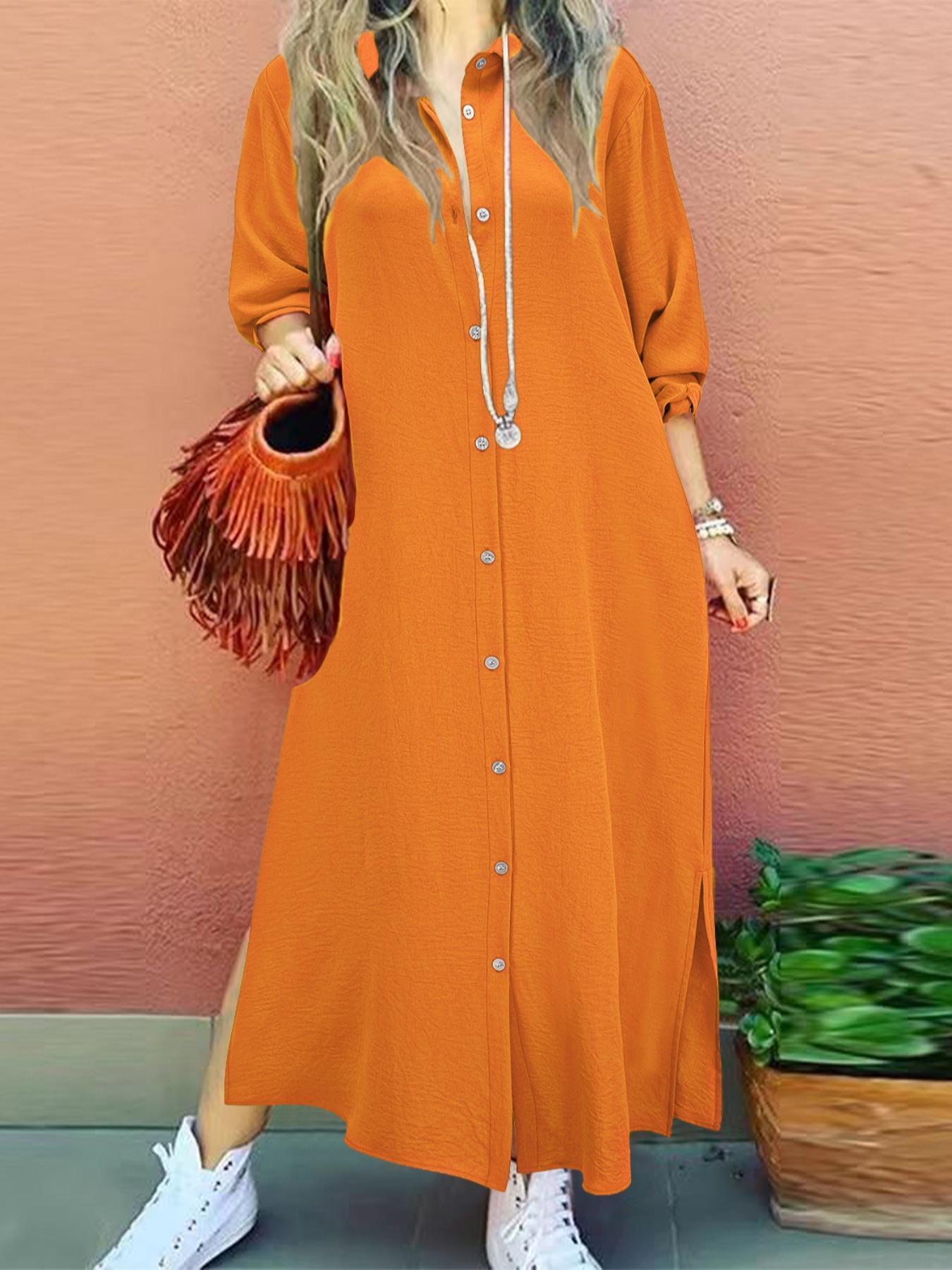 Women's Plain Collared Button Shirt Collar Long Sleeve Dress, Casual Fashion Long Dress for Daily Outdoor Wear, Women Dress for Spring, Womenswear