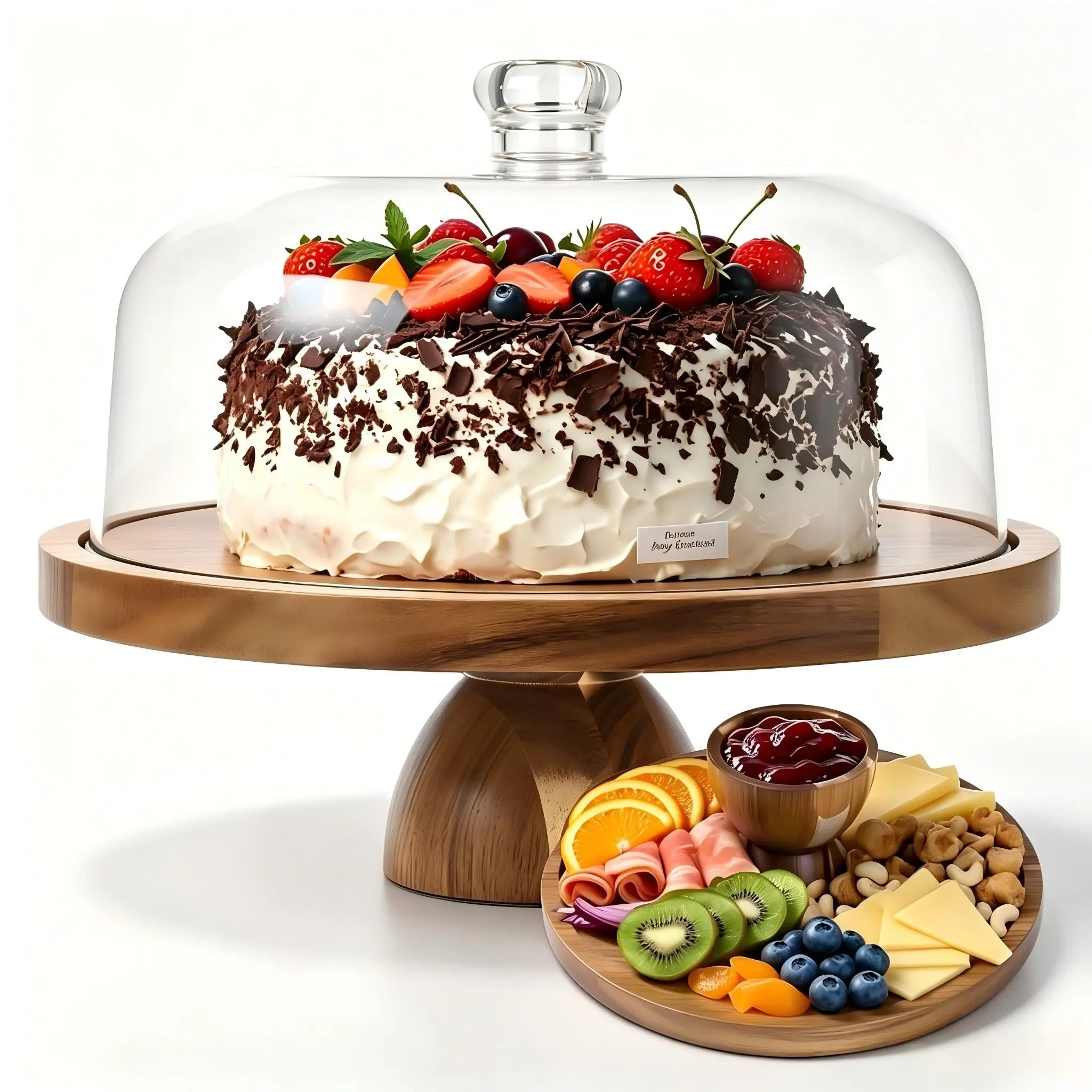 2-in-1 Acacia Wood Cake Stand - Comes with an acrylic cover, lightweight and sturdy, durable kitchenware, with a smooth surface, suitable for parties, weddings and everyday use, cake display stand.
