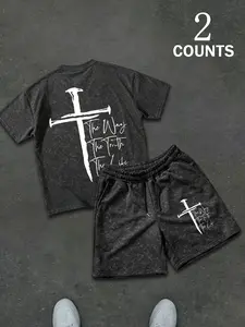Men's 2-Piece Set Vintage Cross Scripture Print Short Sleeve T-Shirt & Shorts, Street Style Loose Fit Casual Streetwear