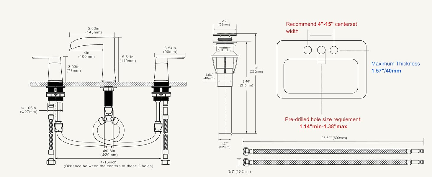 SSREEZNX Waterfall Faucets Brushed Nickel, Sink Faucet 3 Hole, Widespread Sink Faucet with Pop-up Drain and Line for