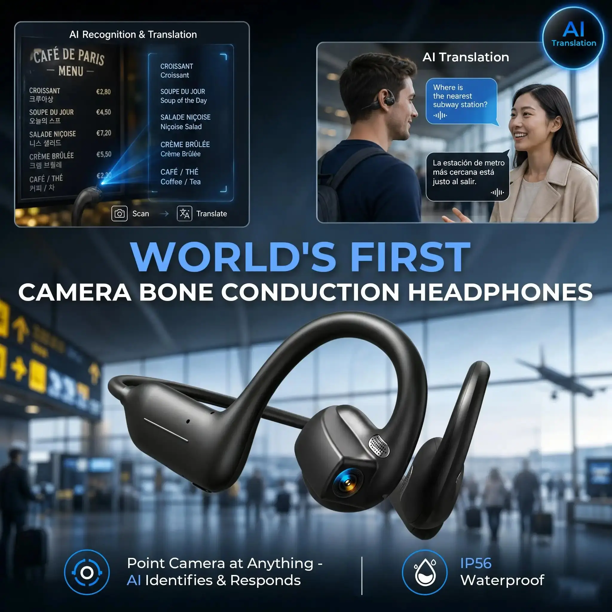 E12 Wearable Bone Conduction Bluetooth Headphones – 8MP EIS Stabilized Video Camera, 160+ Languages Real-Time Translation, Dual Touch & Button Operation, IP54 Water Resistant Open Ear Earphones for Outdoor Cycling, Sports Vlogging, Travel & Daily Calls, B