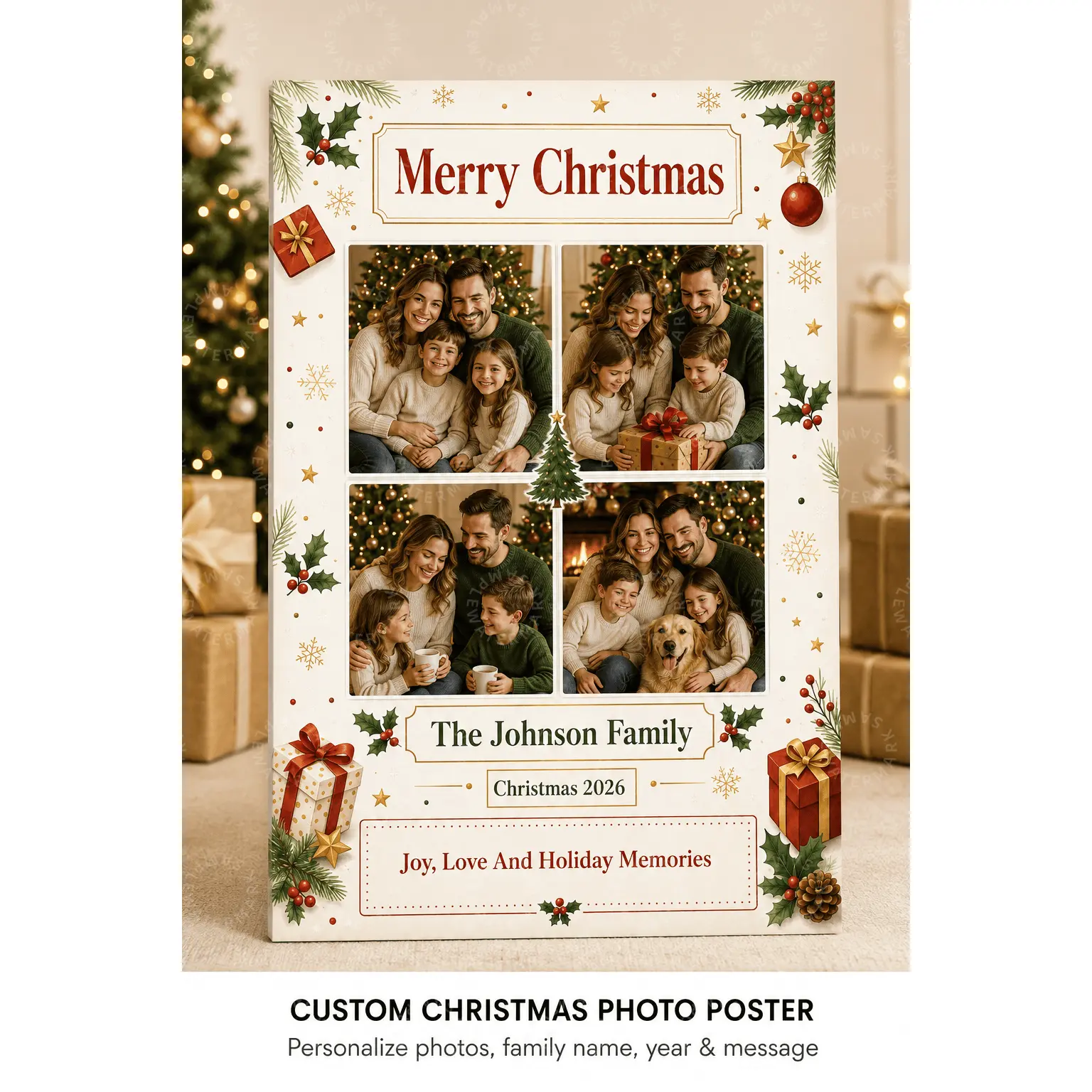 Custom Christmas Photo Poster, Personalized Family Holiday Photo Collage Wall Art, Red Green Merry Christmas Decor, Festive Aesthetic Poster, Living Room Bedroom Office Wall Decor, Family Gift