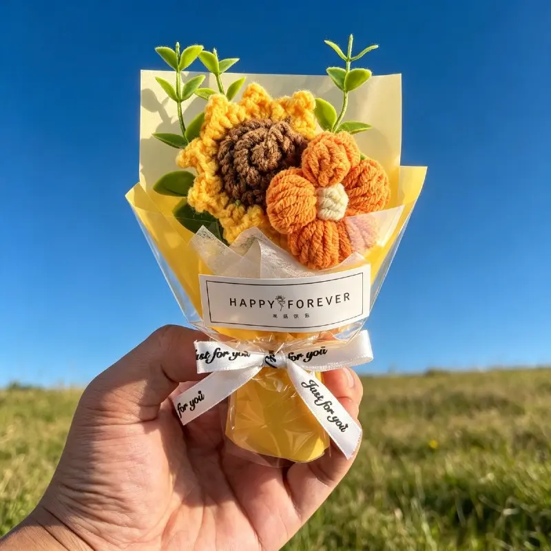 Mini Knitted Sunflower Bouquet, Handmade Knit Flower Ornament, Forever Sunflower Decor, Small Gift for Mother's Day Graduation Back To School, Holiday Present for Halloween Christmas