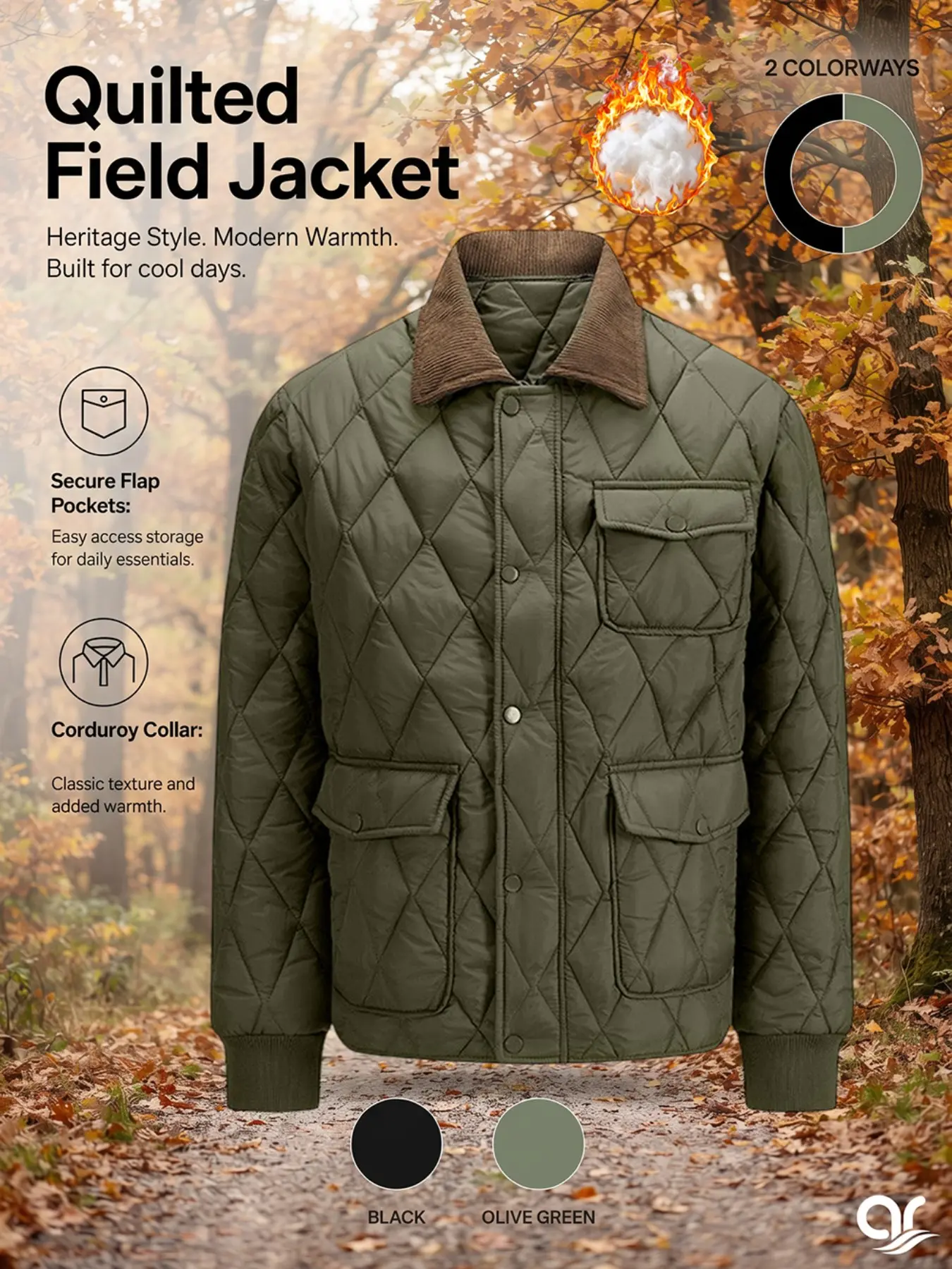 AR Men's Quilted Field Jacket Casual Corduroy Collar Warm Lightweight Barn Puffer Coat Vintage Snap Button Windproof Utility Workwear Outwear for Daily Fall Winter Outdoor Hiking Camping Travel Street