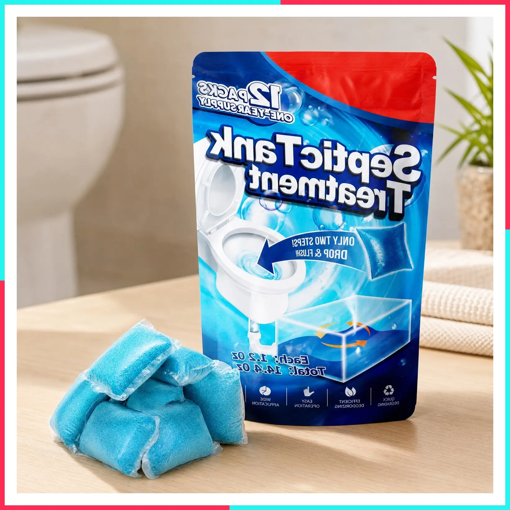 Septic Tank Treatment, 12 Dissolvable Packs, 1-Year Supply, 2X Efficiency, Easy Operation, Eliminates Waste, Grease & Odor, Blue