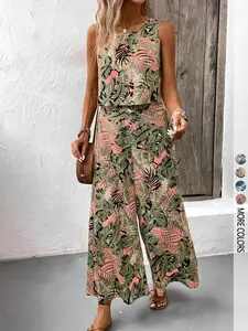 Bohemian Style Vintage Print Tropical Sleeveless Crew Neck Crop Top And Wide Leg Pants Women 2 Piece Set, Casual Summer Vacation Beach Outfit