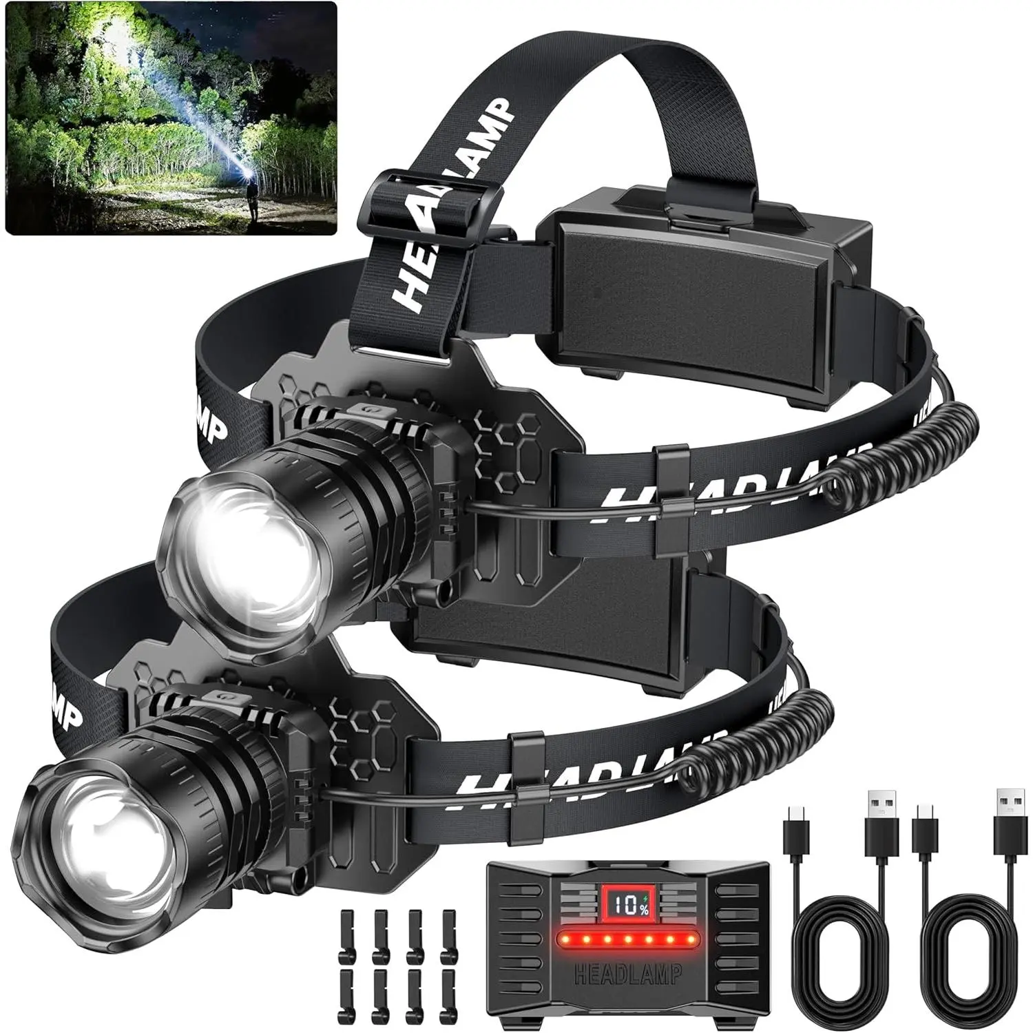 Rechargeable LED Headlamp 2-Pack - 99000 Lumens Super Bright with Motion Sensor & 90 °   Rotation - Waterproof Headlight  Camping, Hiking, Running - 3 Light Modes