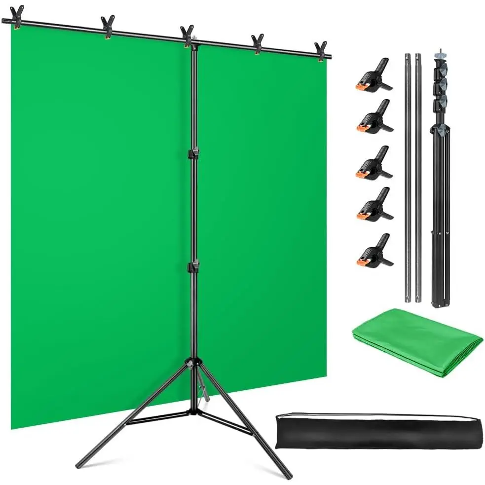 Portable Green Screen Kit 5 x 6.5 ft, Wrinkle-Resistant Polyester Chromakey Backdrop with Adjustable T-Shape Stand and Accessories for Streaming, Gaming, and Video Production, Adjustable Height, Kit Set