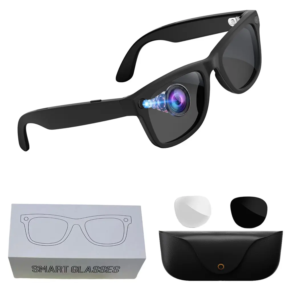 Bluetooth AI Smart Glasses with  Video Recording,8MP Camera,One Click Recording, 3280*2464Pixel Photo Capture, Bluetooth Call, Music Playback,Leather Charging Case, 2GB Memory,300Mah Battery, IP65 Waterproof, AI Translation (26 Languages), 2 Lenses total