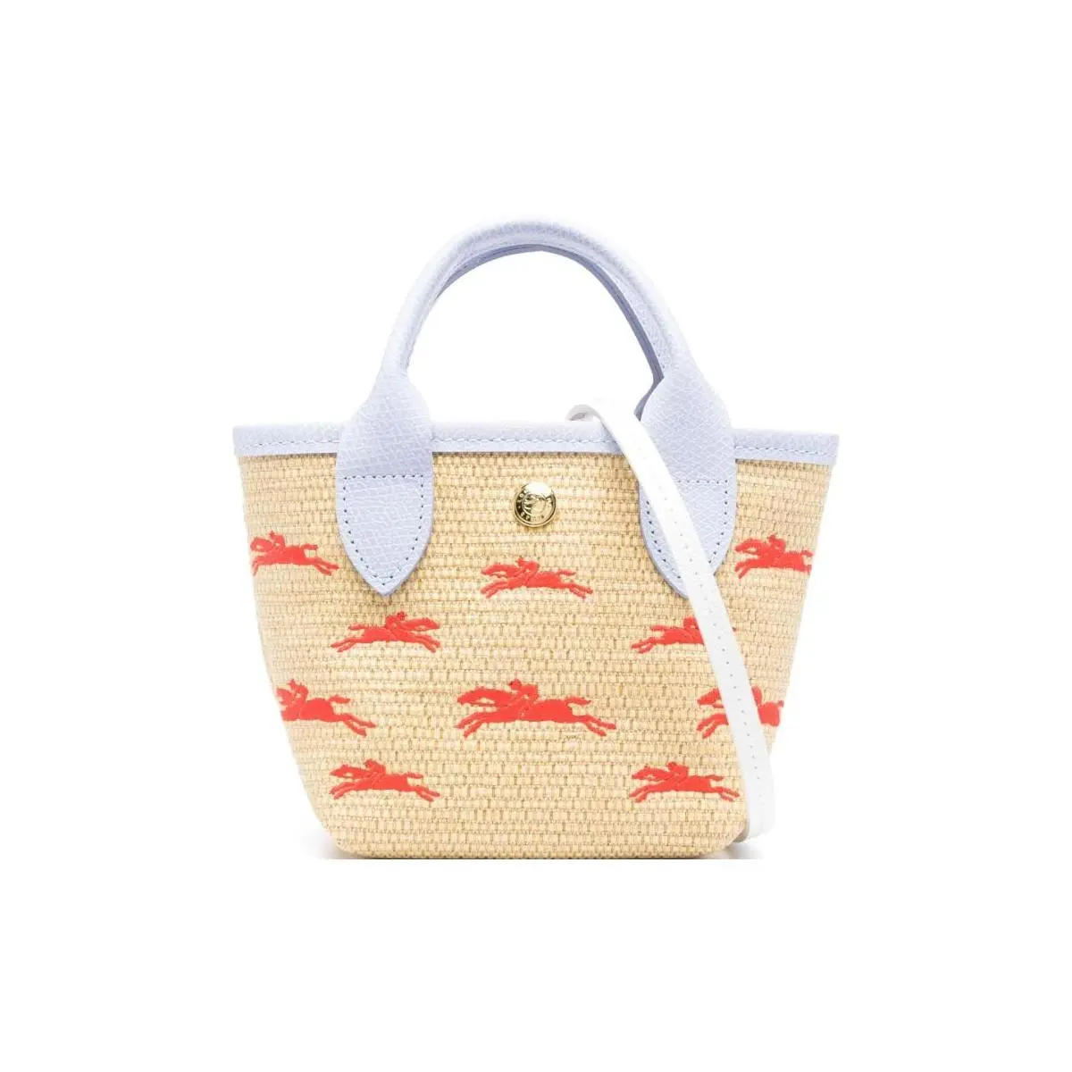 Longchamp Le Panier Folding Tote Bag for Women – Woven Raffia with Leather Trim, Logo Snap Closure, Beige and Blue