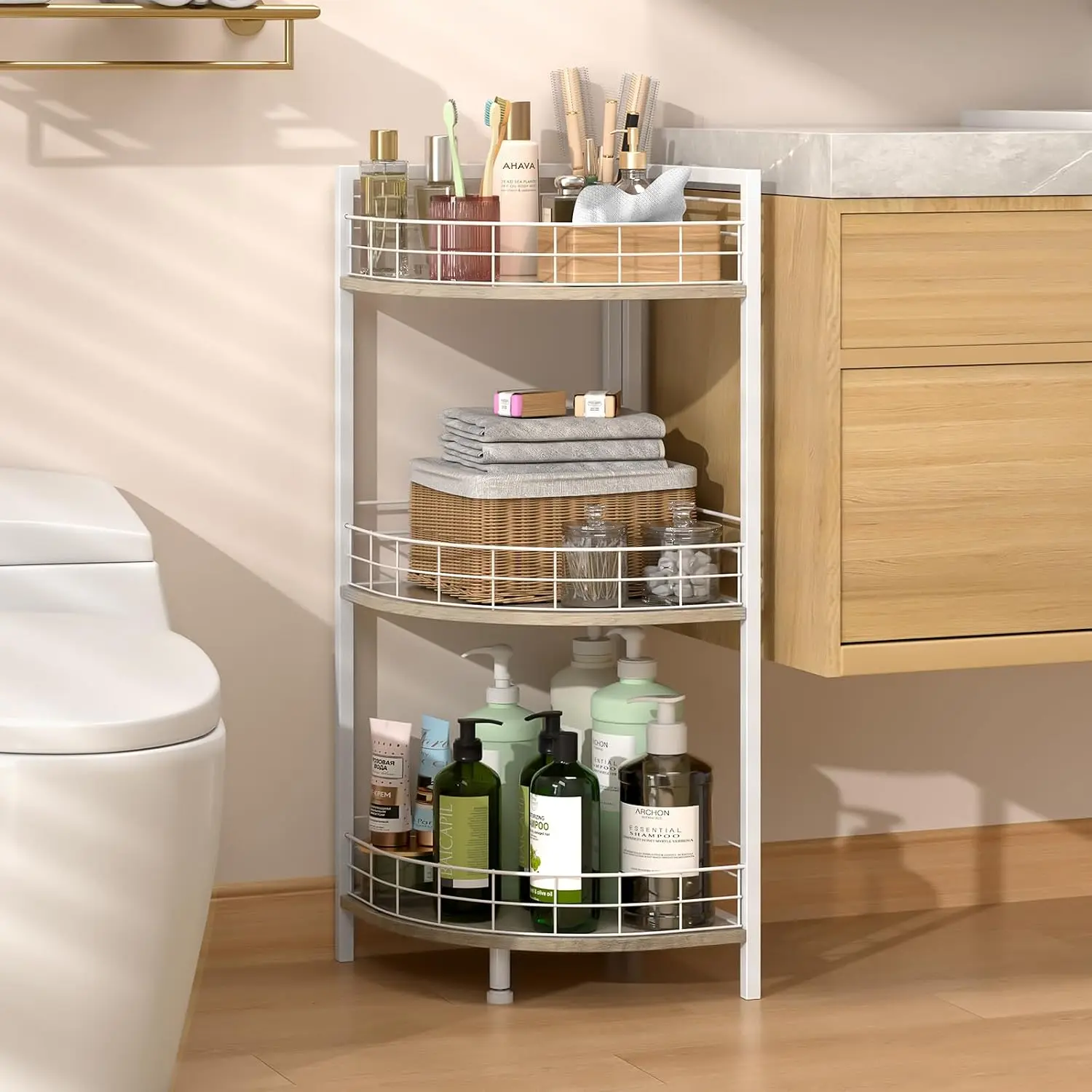Bathroom Standing Shelf, 3 Tier Free-Standing Shelf Units, Open Floor Shelves, Triangular Curved Corner Shelf Stand for Small Space, Ideal for Bathroom,Kitchen, Storage and Organizer