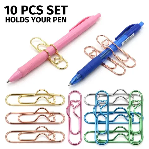 Portable Metal Paper Clip Set, 10pcs/set Multifunctional Metal Non Adhesive Paper Clip with Pen Holder, Desk Organizer for Office School Student, Multifunctional Stationery, Stationery Office Supplies
