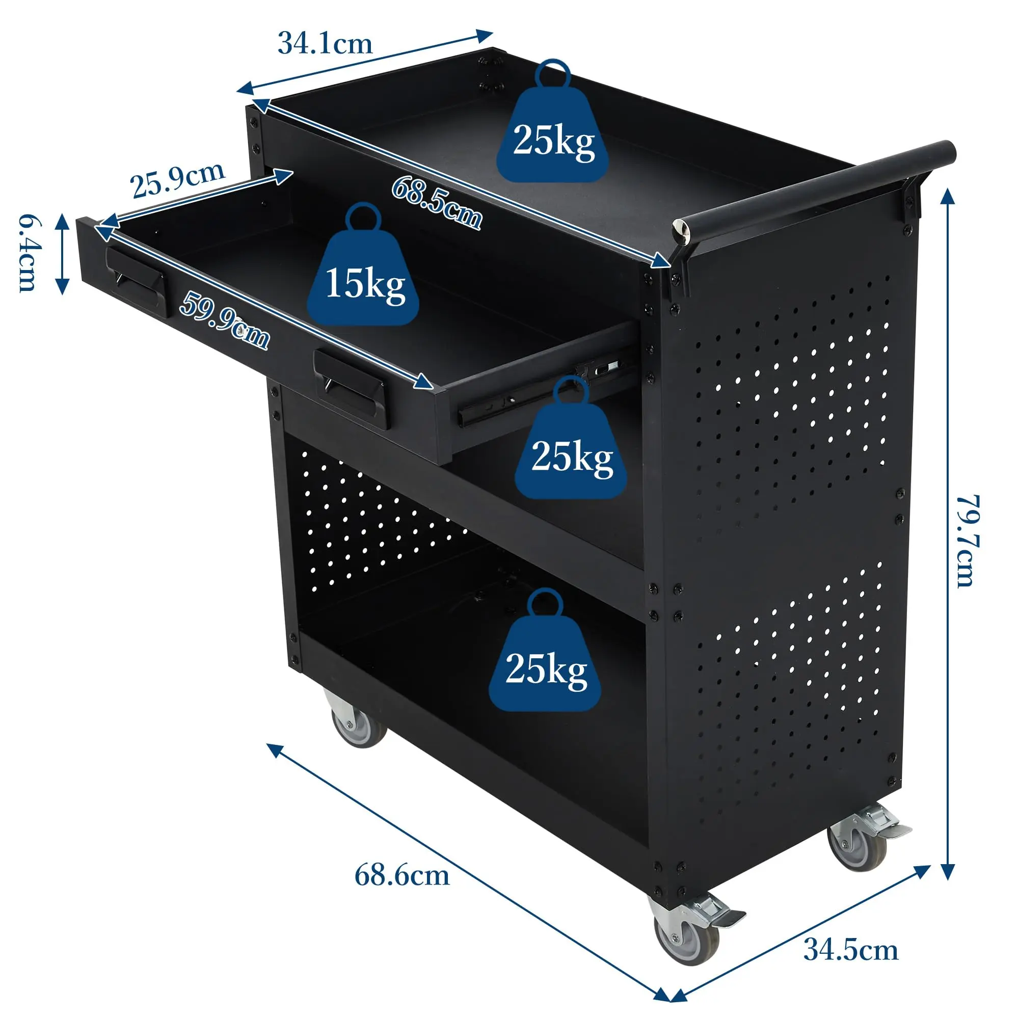 27 Inch Rolling Tool Cart – 3 Tier Steel Utility Cart with Drawer & Locking Casters, Mobile Tool Cabinet for Garage, Workshop, Warehouse & Office Storage, Black