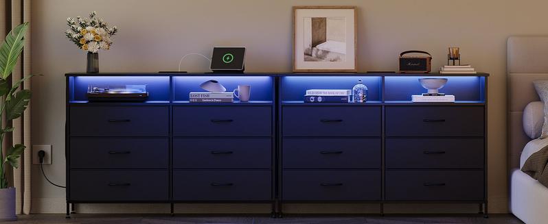 6 Drawer Dresser for Bedroom with LED Lights and Charging Station, Modern Wood Dressers with Extra Side Bag, Double Wide Drawer Cabinet TV Stand for up to 60" TV for Living Room (Black)