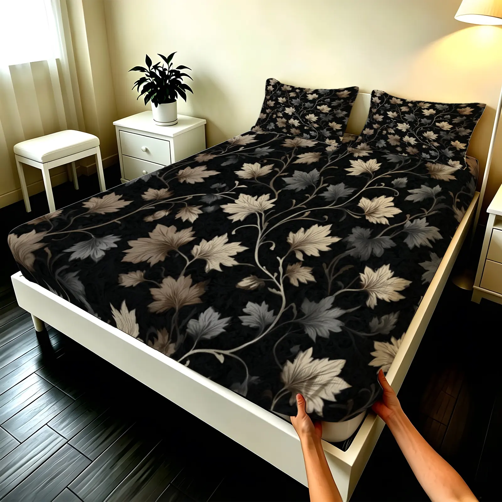 3pcs Fitted sheet Maple Leaf Floral Printed Bedding Set, Ultra Soft Microfiber Fitted Bed Sheet with 2 Pillowcases, Wrinkle Resistant Fade Proof Breathable Deep Pocket Bed Cover for Bedroom Home Hotel, Fit Twin Full Queen King Size Bed Sets