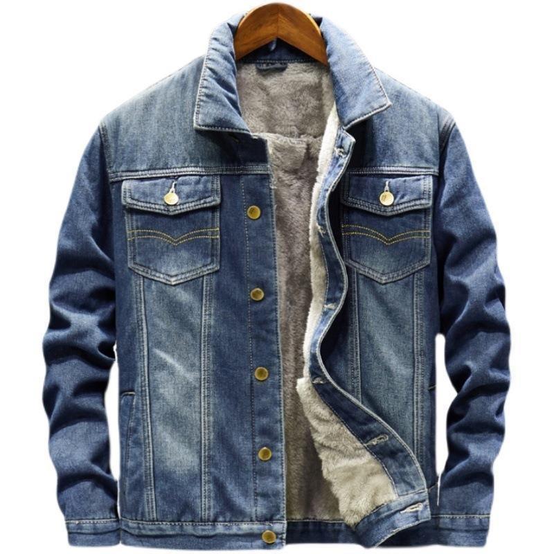Men's winter denim cotton jacket, fleece-lined, thickened, plus size, warm coat, Korean style, fashionable and versatile, simple jacket top