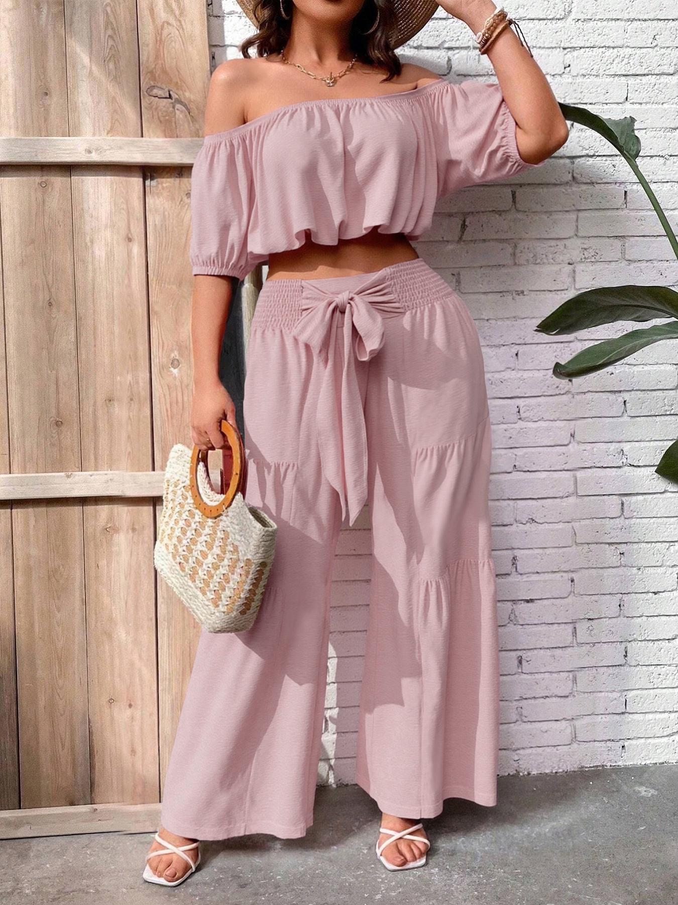 Women's Solid Color Top & Wide Leg Pants Set, Casual Off Shoulder Top & Palazzo Pants for Summer, Ladies Clothes for Beach Holiday Vacation, Womenswear