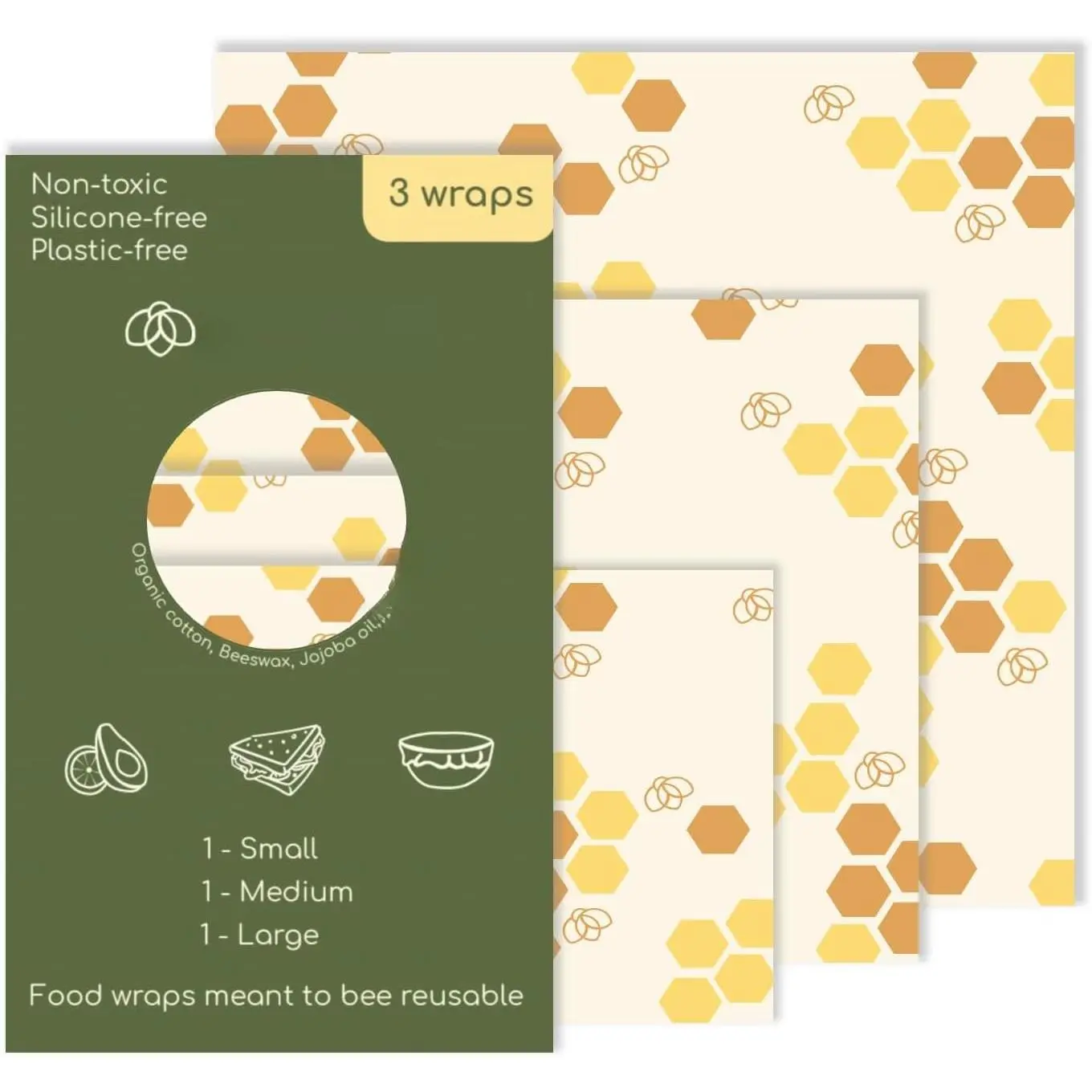 Beeswax  Wraps 3-Pack – Non , Plastic Free,  Free, Sustainable, Environmentally Friendly,   Beeswax Wraps (S, M, L), Signature Design