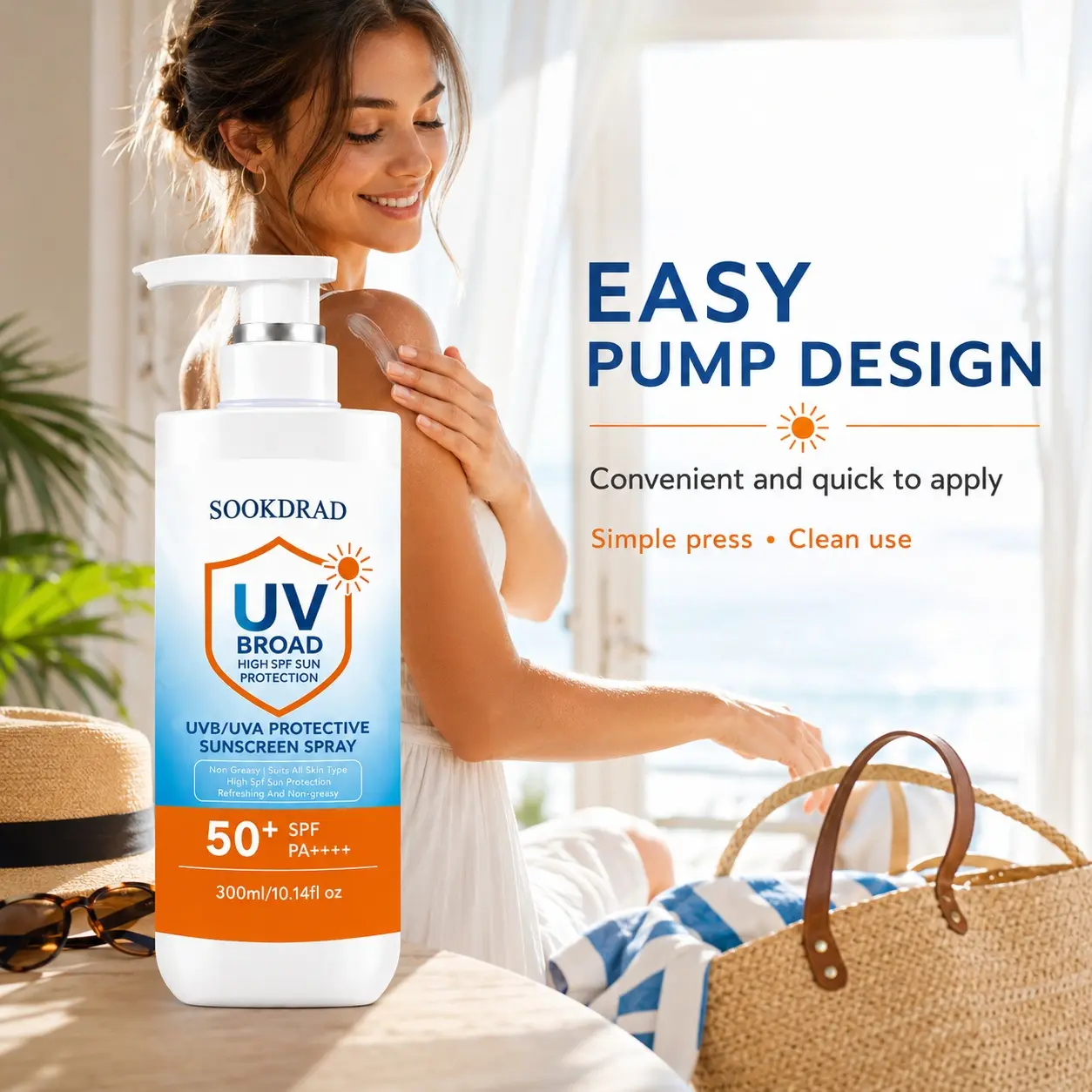 UVB/UVA protective sunscreen spray, broad UV protection, SPF50+, PA++++, non greasy, refreshing, suitable for all skin types, high sun protection, 300ml/10.14fl oz