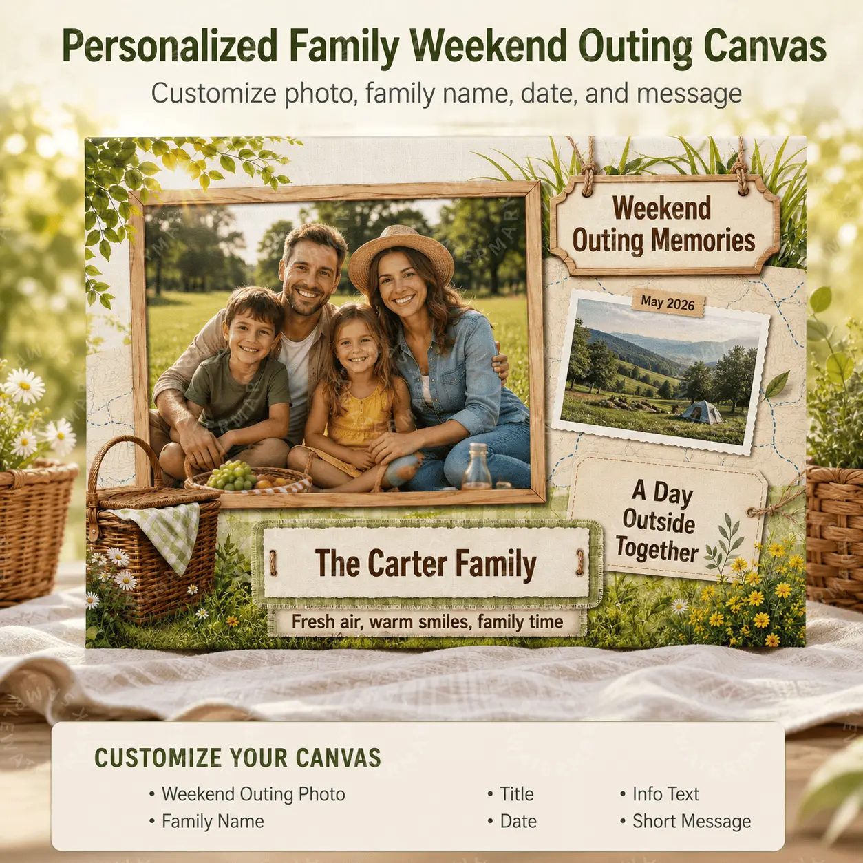 Personalized Family Weekend Outing Canvas, Custom Family Name Date Message Wall Art, Nature Picnic Aesthetic Poster for Living Room Bedroom Decor, Meaningful Family Gift, Outdoor Memory Keepsake Home Decor