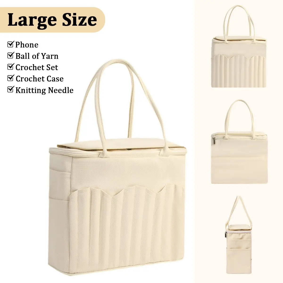 Canvas Crochet Tool Storage Bag, Large Capacity Knitting Accessories Pouch, Outdoor Travel Handbag, Durable Fabric Organizer