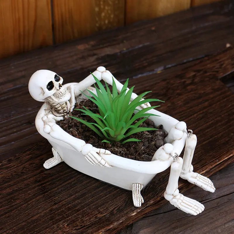Gothic Halloween Resin Skull Bathtub Planter With Drainage Hole Mini Succulent Pot Indoor Outdoor Horror Home Decor Ornament Decorative Garden Pots