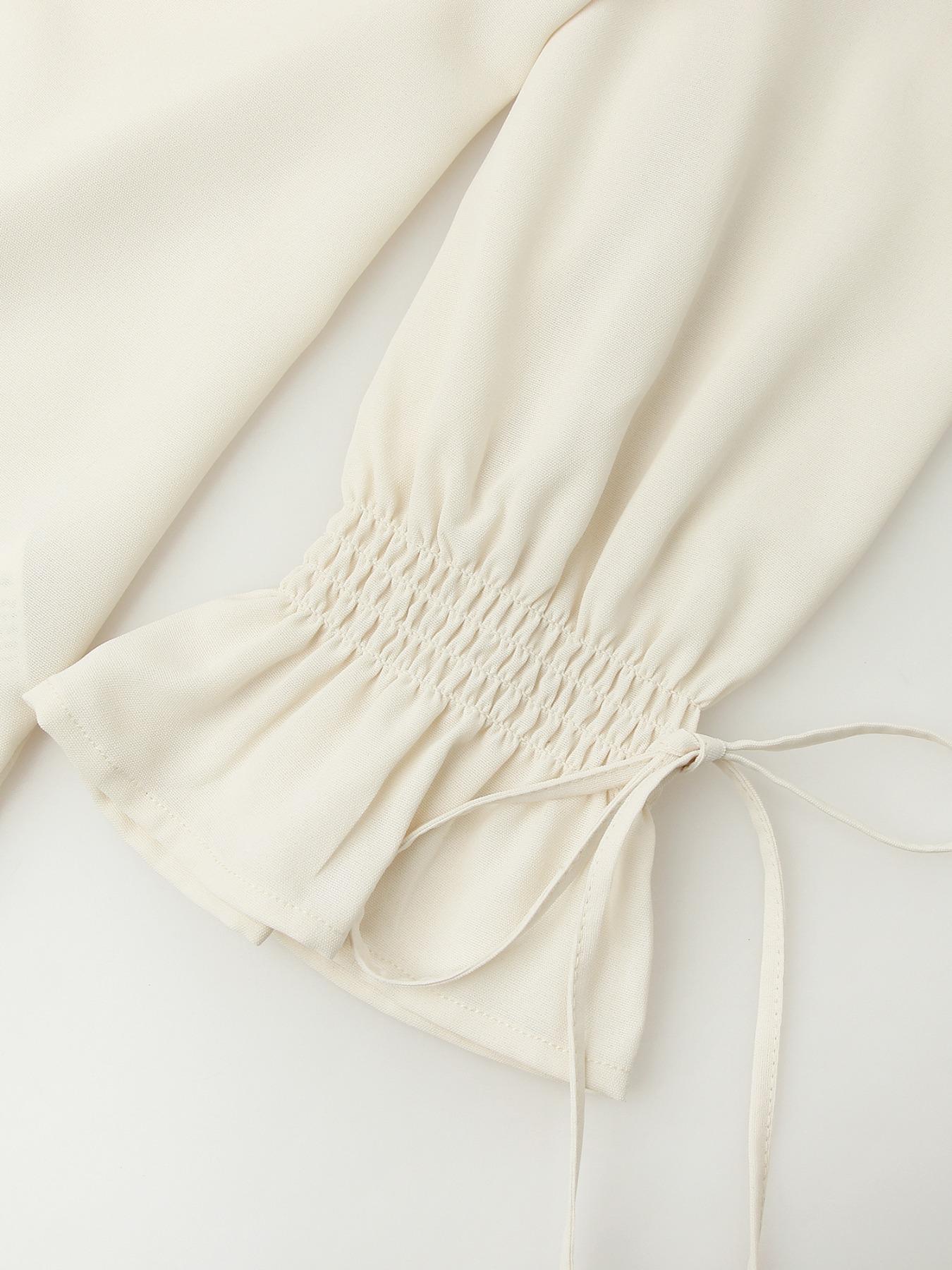 Women's Solid Ruffle Trim Blouse & Shorts Two-Piece Set, Casual Bishop Sleeve Long Sleeve Top & Shorts for Daily Wear, Ladies Two-piece Outfits for Summer