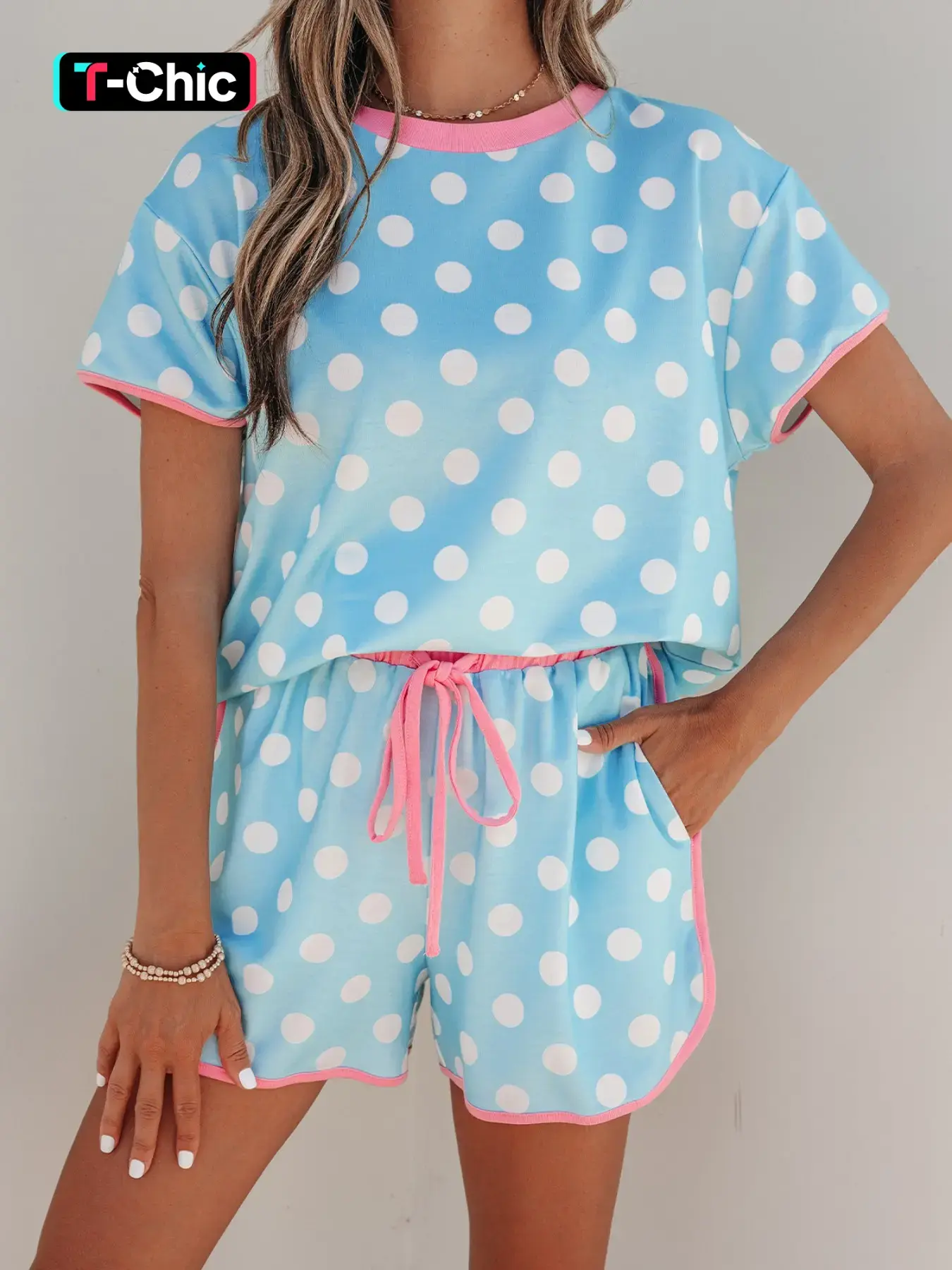 Summer Womenswear Casual Dot Print Colorblock 3-Button Round Neck Short Sleeve Top and High Waist Shorts Set, Comfortable Daily Wear