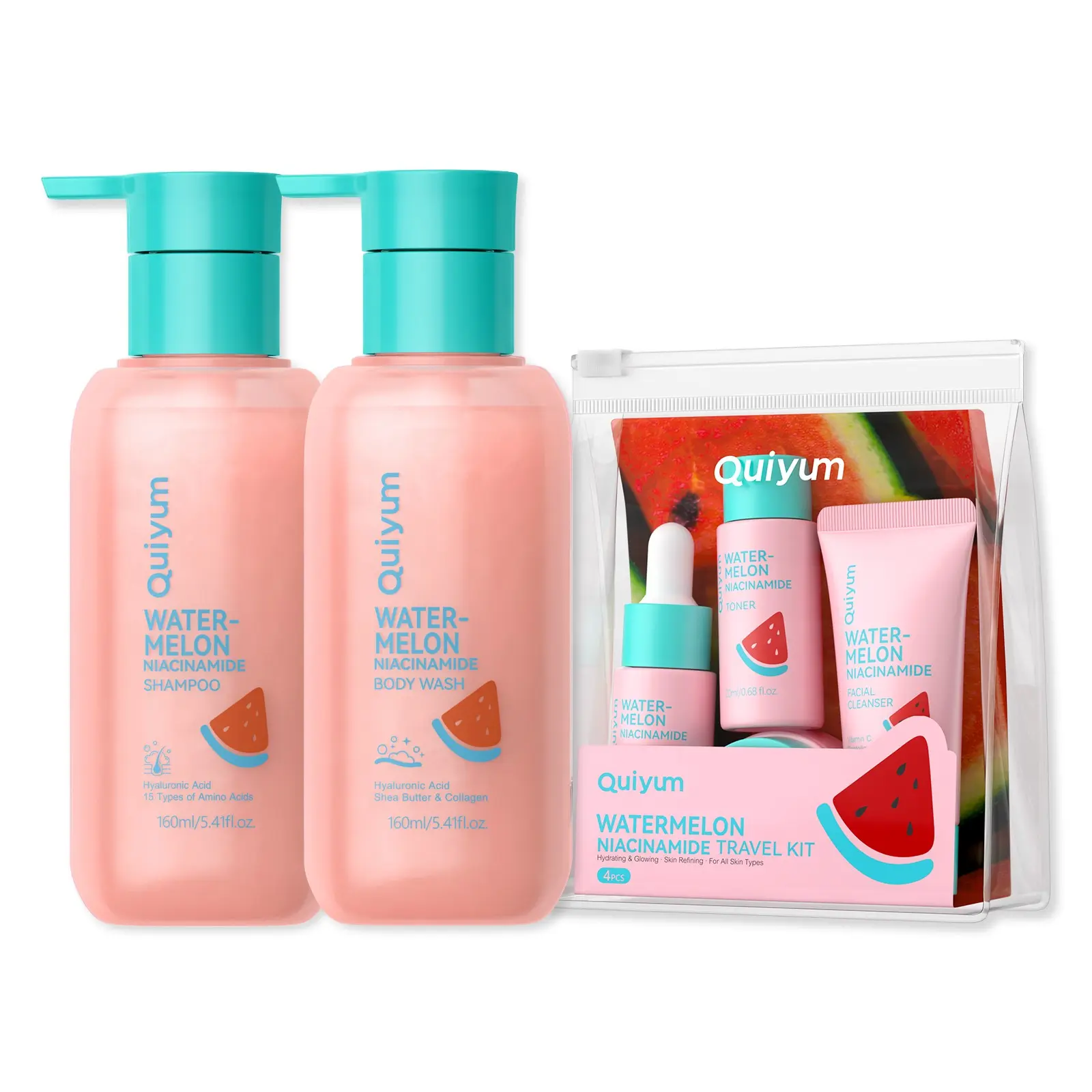 QUIYUM Watermelon Niacinamide Body Care & Skincare Bundle,  Includes Daily Body Wash, Hydrating Shampoo and 4-Pack Travel Size Toiletries Kit (Cleanser, Toner, Serum, Moisturizer) for Glowing Skin & Hair, TSA Approved Travel Size Gift Set