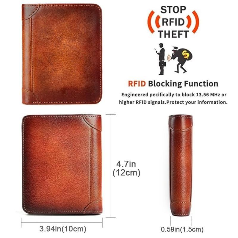 Men Wallet Genuine Leather Rfid Blocking Trifold Wallet Vintage Thin Short Multi Function ID Credit Card Holder Male Purse Money