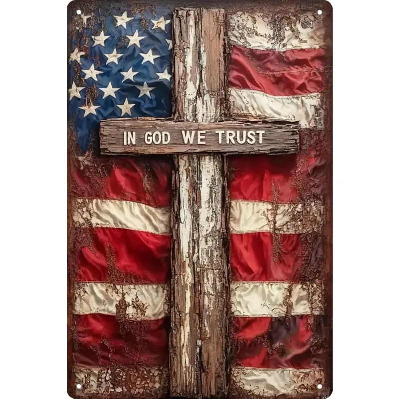 In God We Trust Patriotic American Flag & Cross Sign 8x12 in Vintage Christian Wall Decor for Home Church Garage Office Inspirational Faith Gift