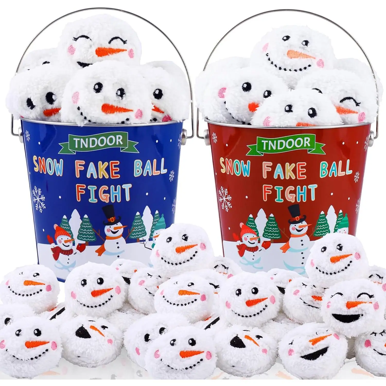 Snow Fake Balls, 2.8 Inch Smiling Snowman Face Fake Snowball, Snowball Fight Metal Bucket for Christmas Winter Adults Indoor Outdoor Party (Dark Red+Blue)