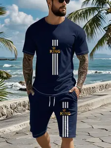 Two-piece set with 3D digital print featuring navy vertical stripes and golden crown logo, 2Pcs, trendy fashion suit, trendy retro casual two-piece outfit, trendy vacation-style wear, breathable sporty casual style, an ideal holiday gift for men