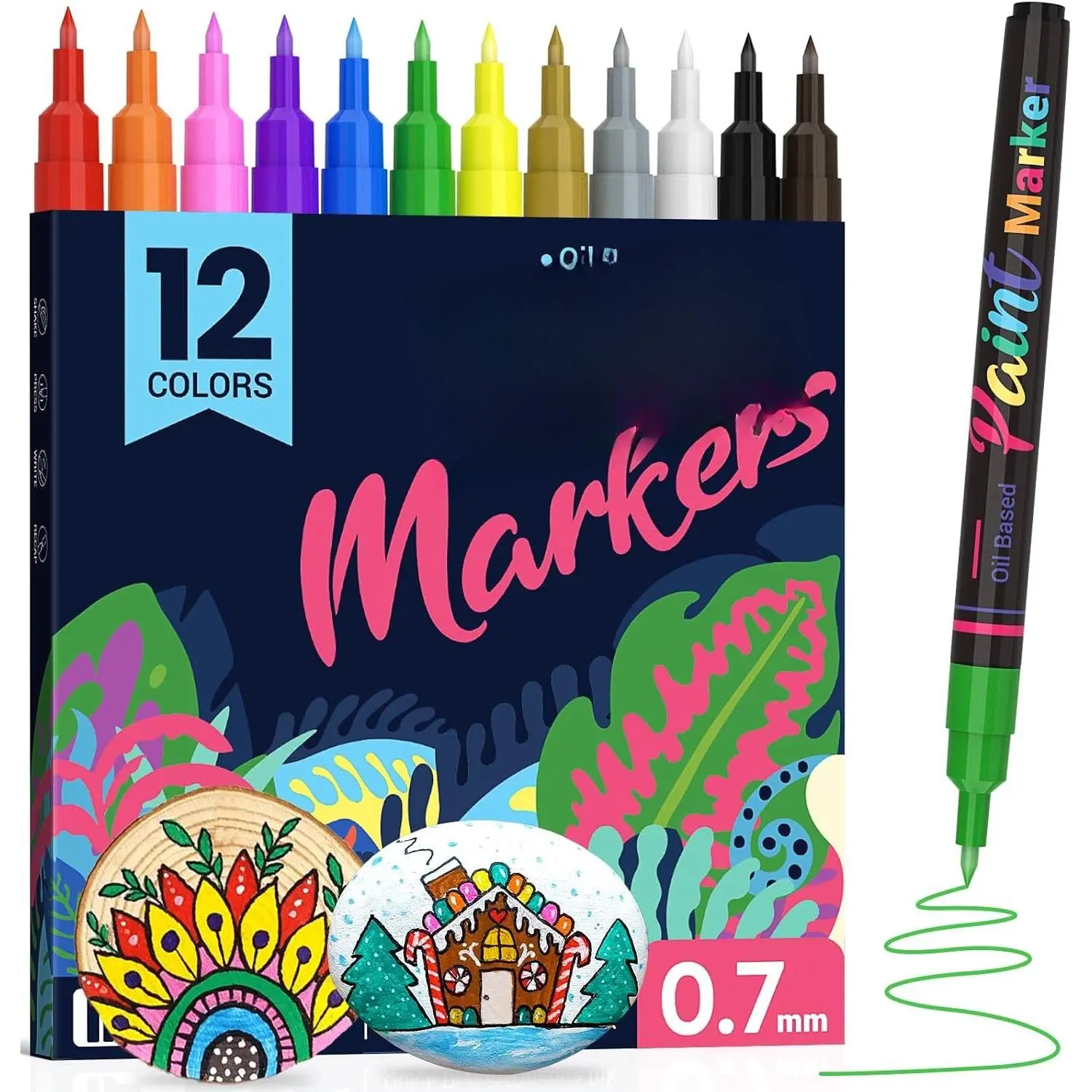 Permanent Fade-Resistant Oil-Based Fine Tip Pen Set, 12-Color Fine Point Markers for Rock Painting, Crafting, Office Engineer Detail Work on Metal, Porcelain