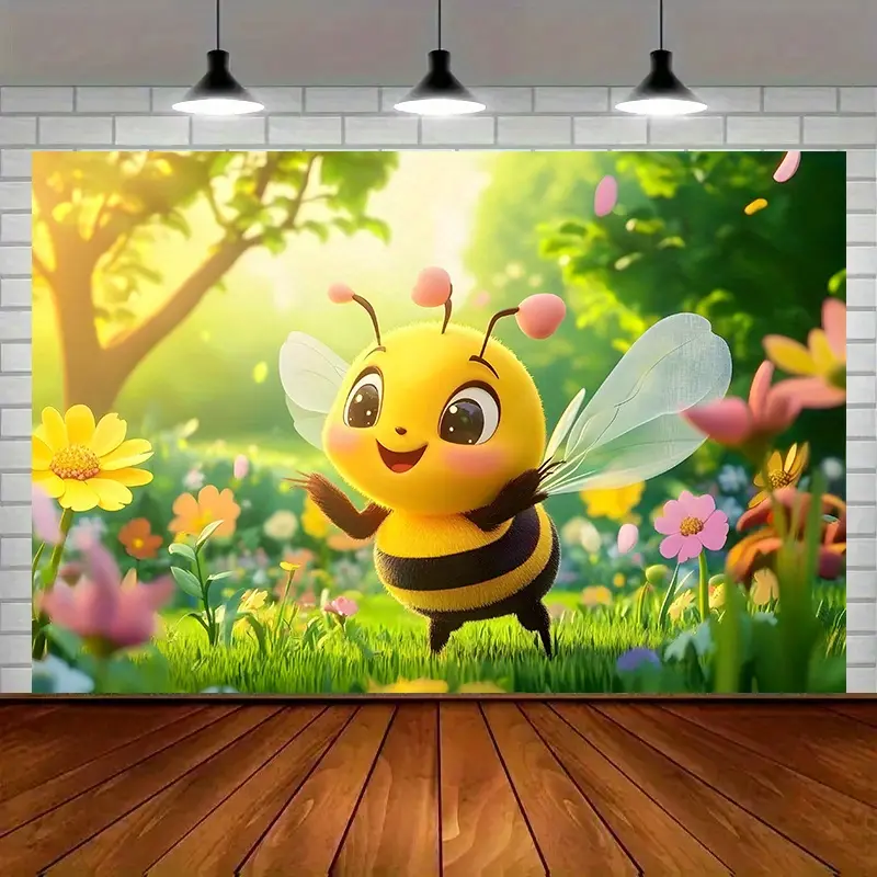 Cute Little Bee Animal Print Polyester Photo Backdrop - 2D Printed Flat Design Traceless Nails Hanging Decor, All Seasons Anniversary Party, Kids Room Wall Tapestry