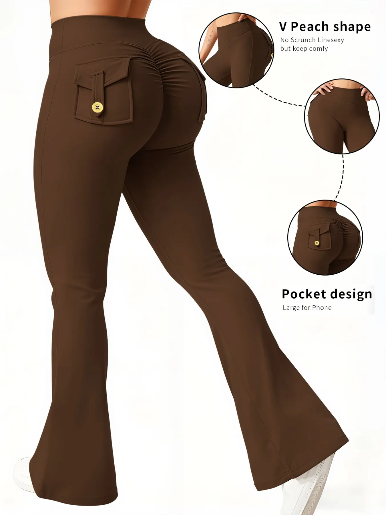 Women's High-Waisted Bell Bottom Yoga Pants, Back Pocket Design, Ruched Butt Lift, No Front Seam, High Elasticity, Side Pockets for Phone, Flared Yoga Bottoms